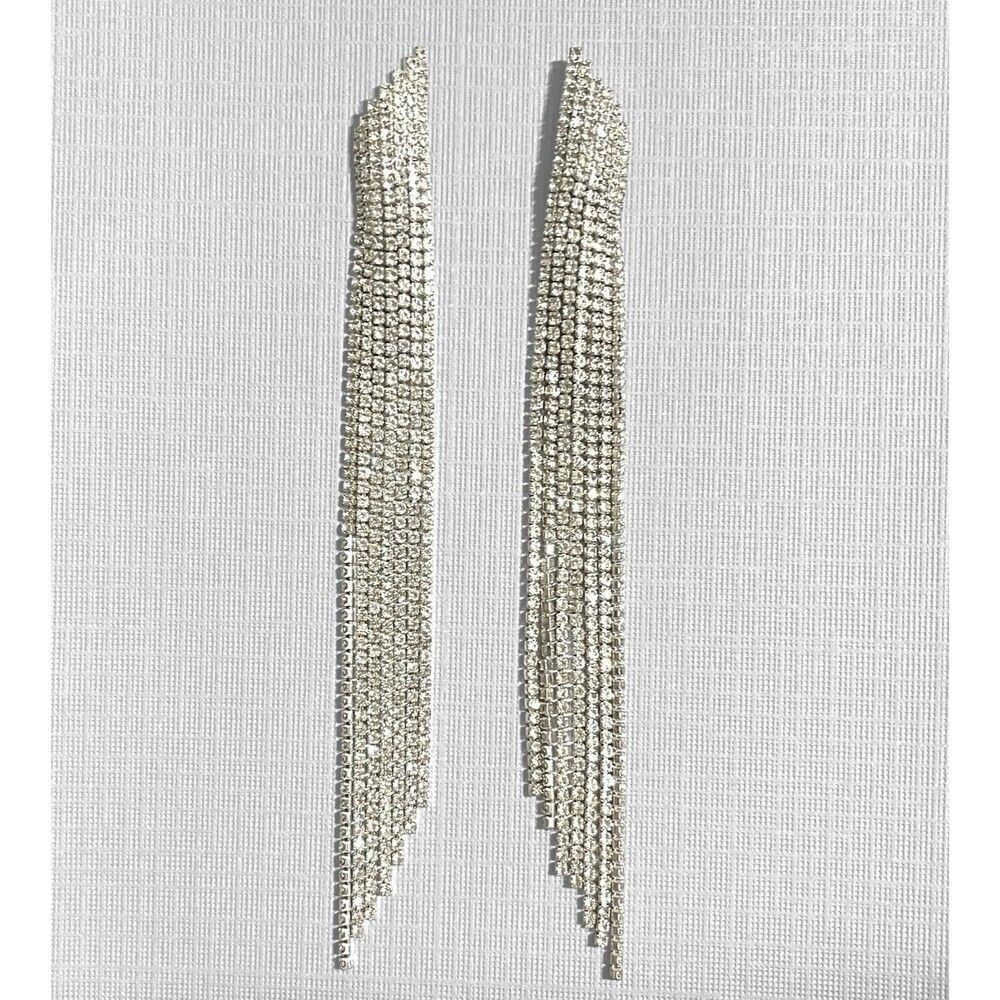 Waterfall Rhinestone Earrings Dangle Fringe Crystal 5" Silvertone Tassel Pageant